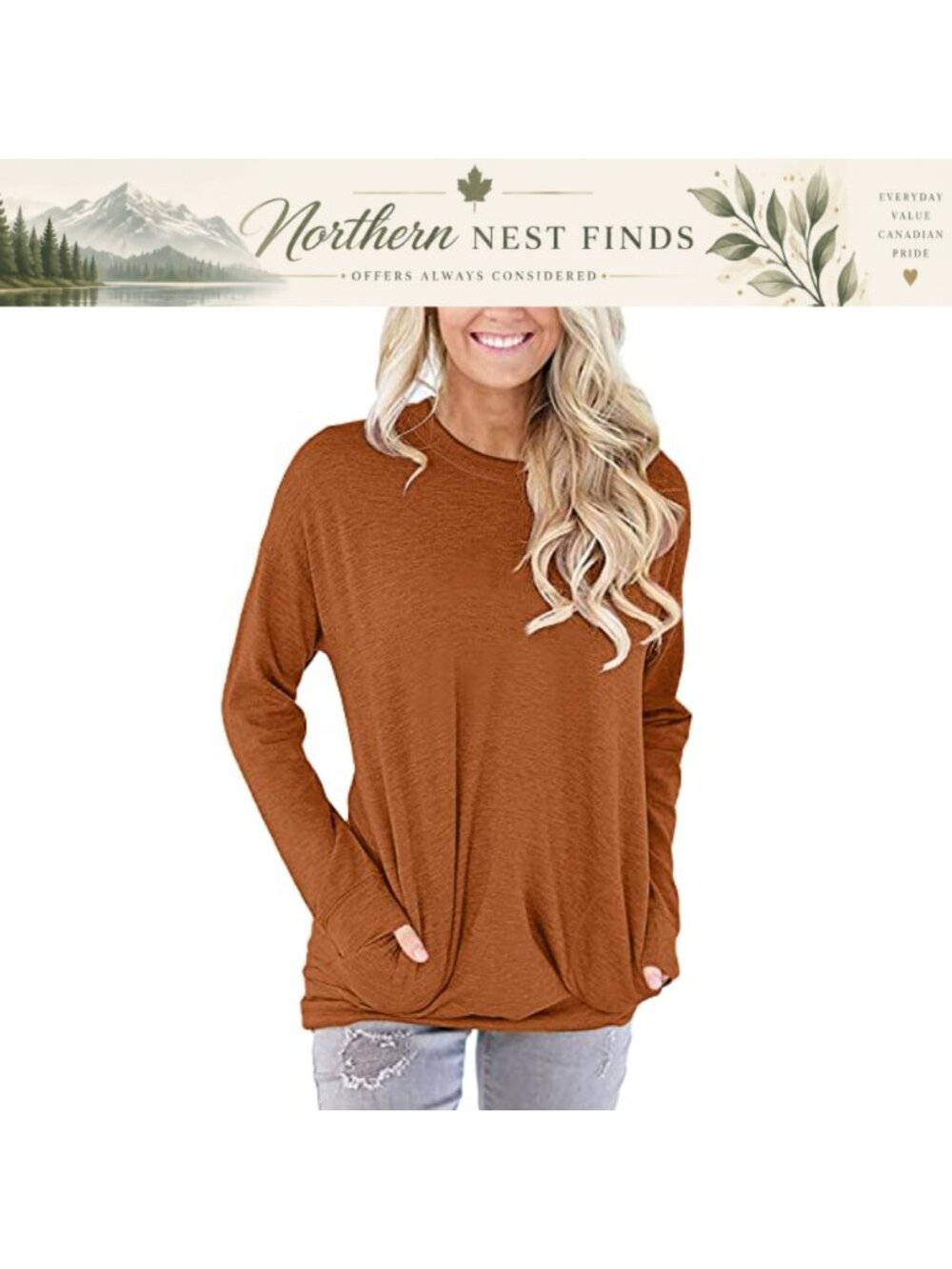 onlypuff Long Sleeve Tunic Sweater with Pockets Casual Crew Neck
